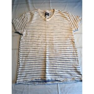 Creative Destruction Womens V-Neck Striped Short Sleeve T-Shirt White Blue Mediu